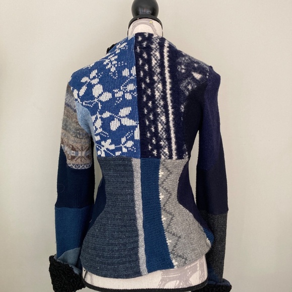 Wool Patchwork Petticoat, Funky Blue Jacket, Floral Print, Eclectic Zip Sweater - Picture 3 of 7
